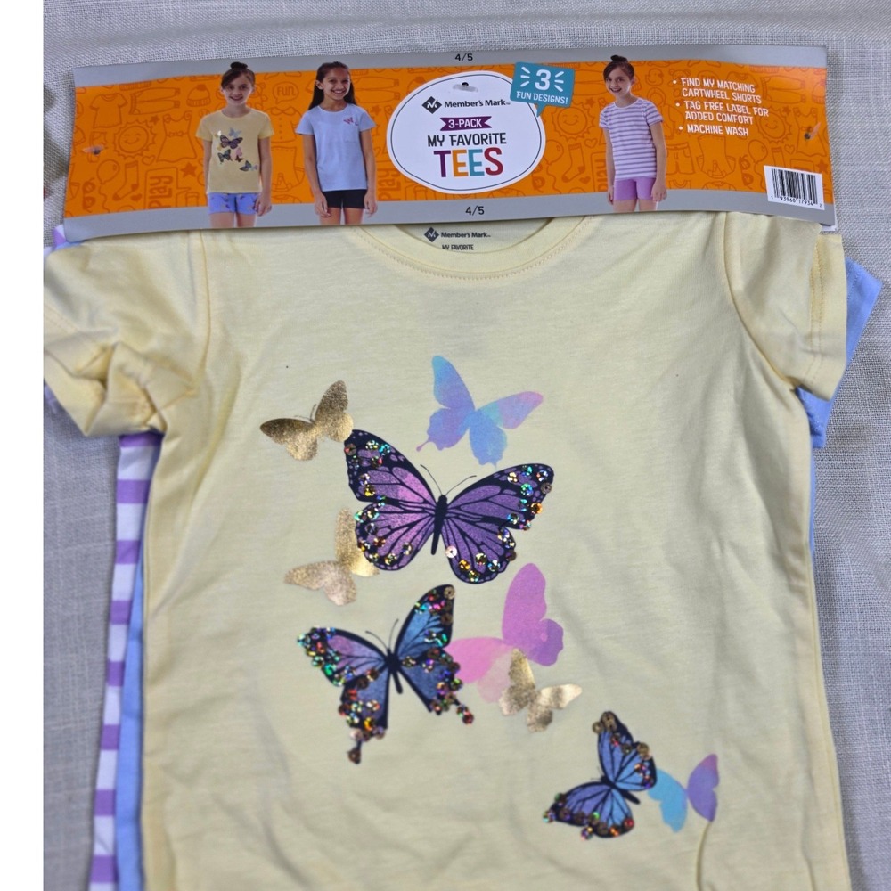 Member's Mark Girls 3-Pack My Favorite Tees Butterfly Stripe Size 4/5 6/6X NEW